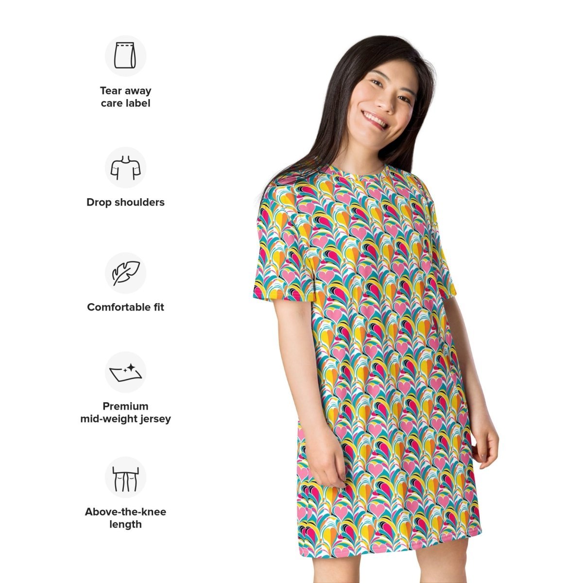 Casual T - Shirt Dress Rainbow Burst of Hearts - ErdeGora