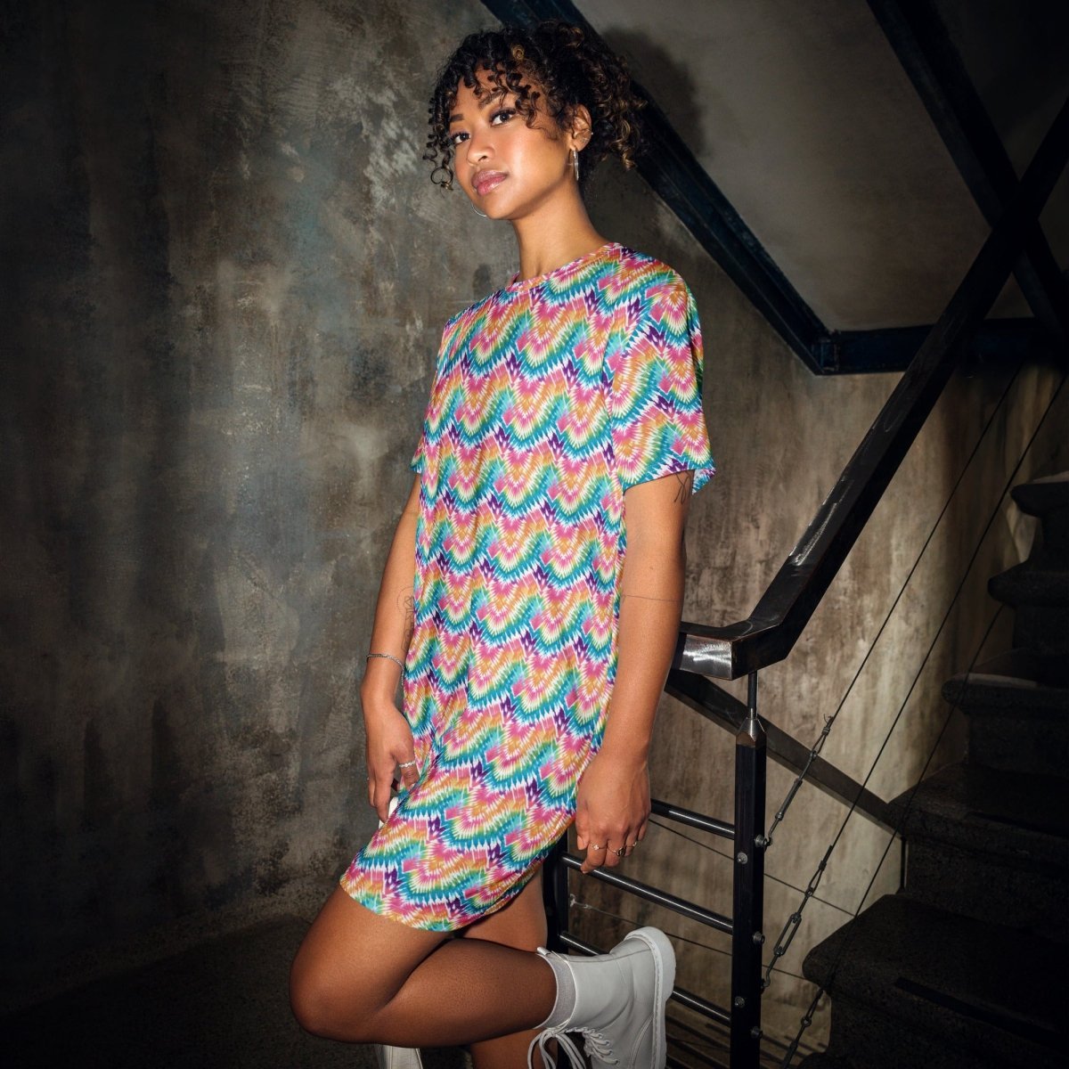 Casual T - Shirt Dress Rainbow Chevron - ErdeGora