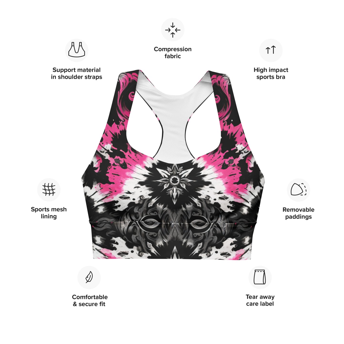 Details of the compression fabric and moisture-wicking sports mesh lining on the Dark Blush Longline Sports Bra.