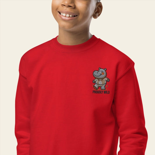 Embroidered Youth Crewneck Sweatshirt Dancing Hippopotamus - ErdeGora