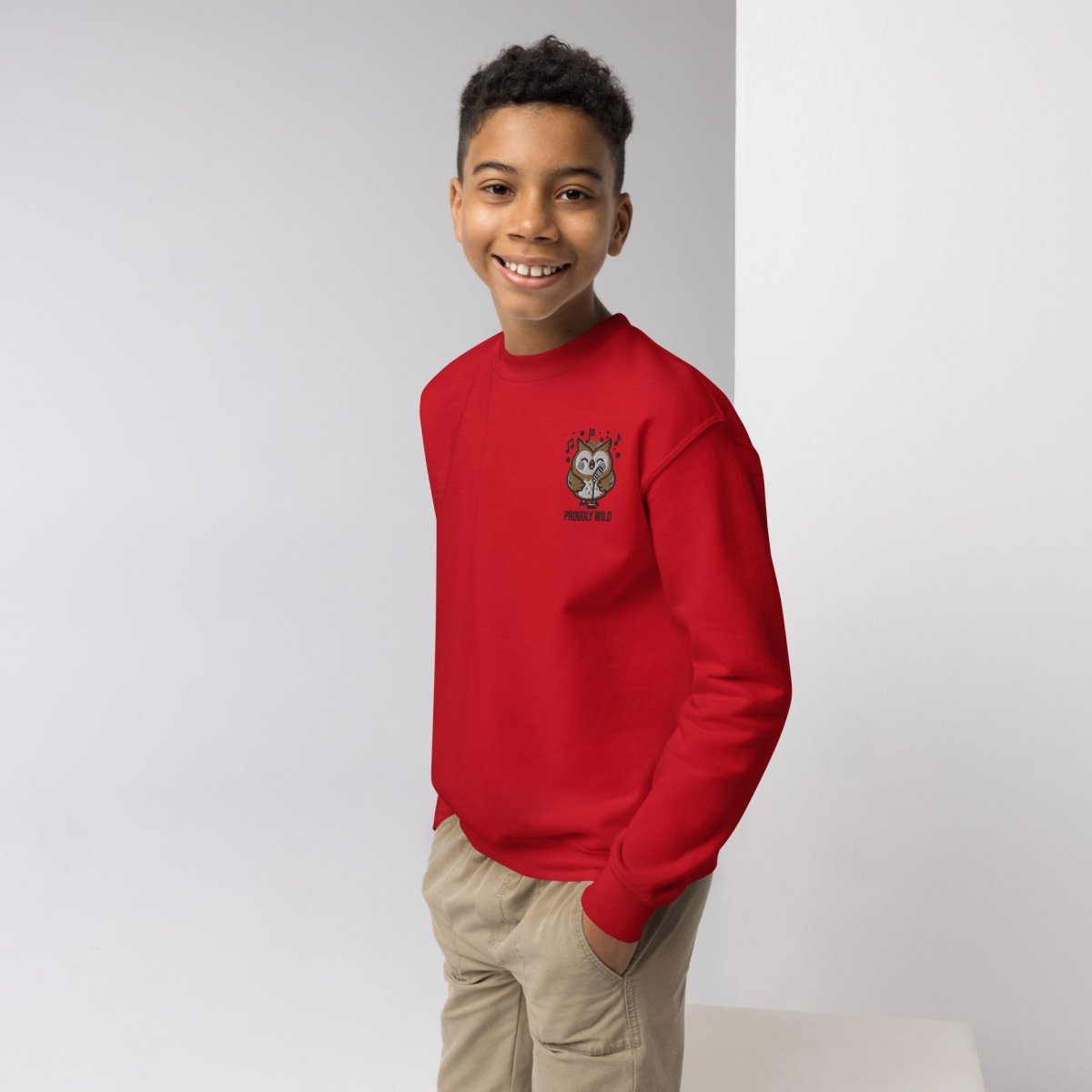 Embroidered Youth Crewneck Sweatshirt Singing Owl - ErdeGora