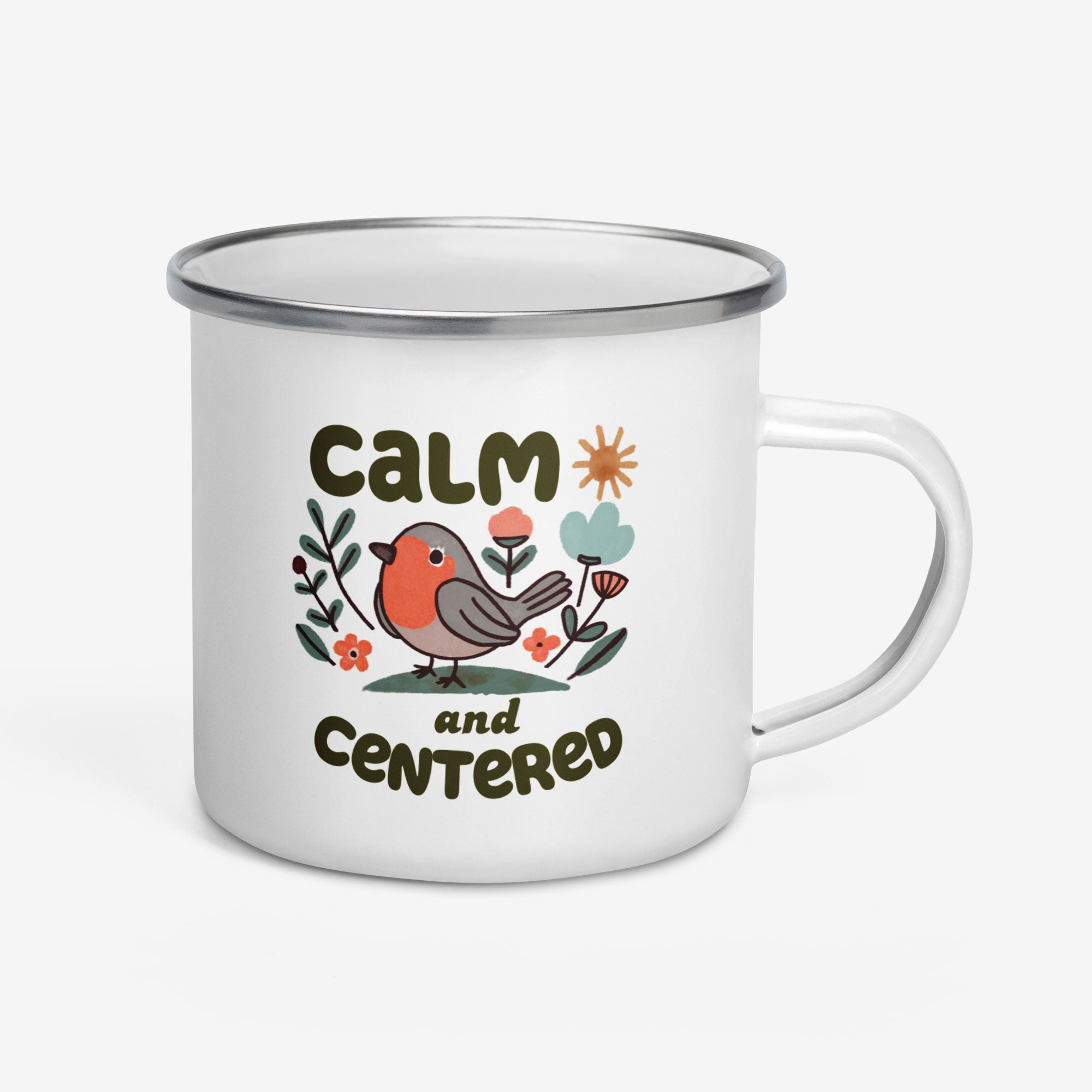 White mug with a design of a robin and flowers, and the text 'Calm and Centered' on a white background.