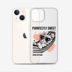 Phone case with a cat design and text 'Purrfectly Sweet, Doing Nothing' on a white background