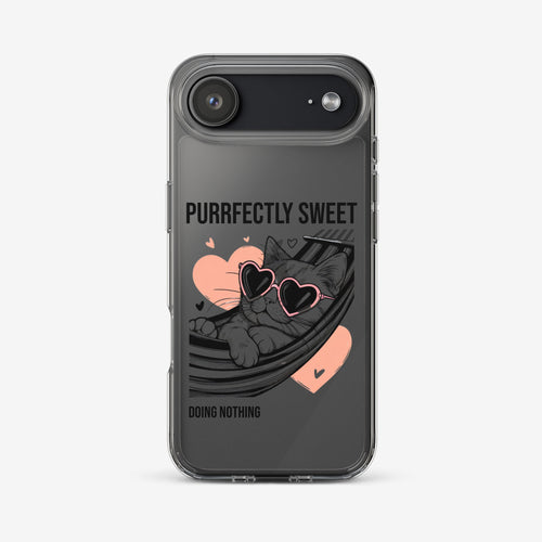 Phone case with a cat design and text 'Purrfectly Sweet, Doing Nothing' on a white background