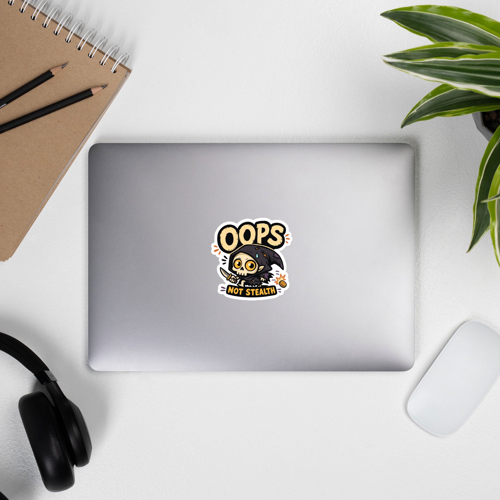 Kiss-cut sticker of an undead rogue dropping out of stealth after a noisy coin lands nearby, shown in the 4× 4-inch size on a laptop.