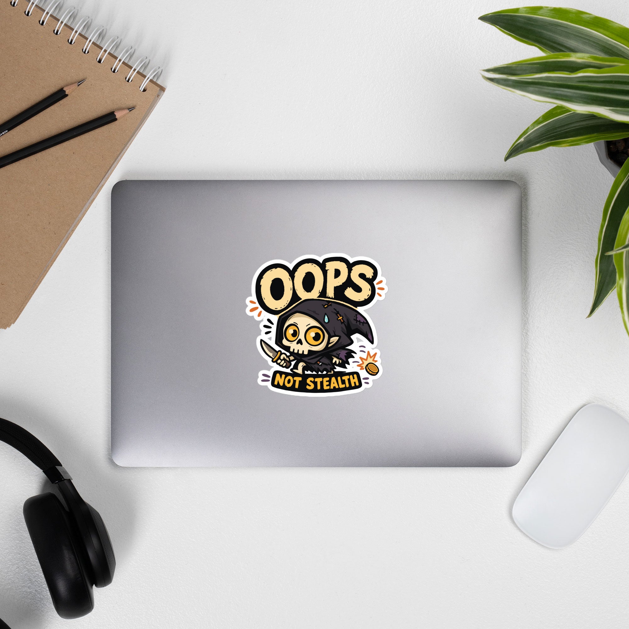 Kiss-cut sticker of an undead rogue dropping out of stealth after a noisy coin lands nearby, shown in the 5.5 × 5.5-inch size on a laptop.