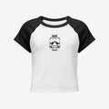 Women’s micro rib raglan baby tee front view, white with black sleeves and embroidered Dark Love birds with heart