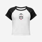 Women’s micro rib raglan baby tee front view, white with black sleeves and embroidered Dark Love birds with heart