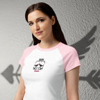 Women wearing ErdeGora micro rib raglan baby tee front view, white with pink sleeves and embroidered Dark Love birds with heart, close view.