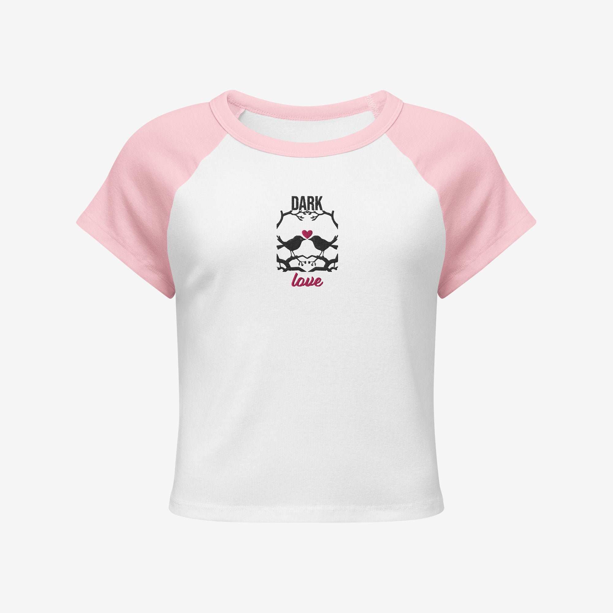 Women’s micro rib raglan baby tee front view, white with pink sleeves and embroidered Dark Love birds with heart