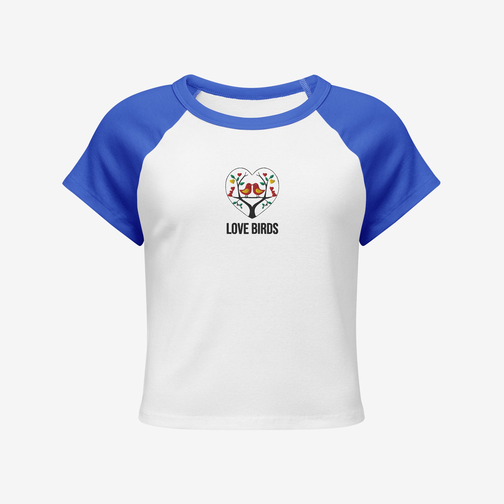 Women’s micro rib raglan baby tee front view, white with blue sleeves and embroidered Love Birds heart with text
