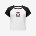 White t-shirt with black sleeves featuring an embroidery design of love birds and hearts on a white background.