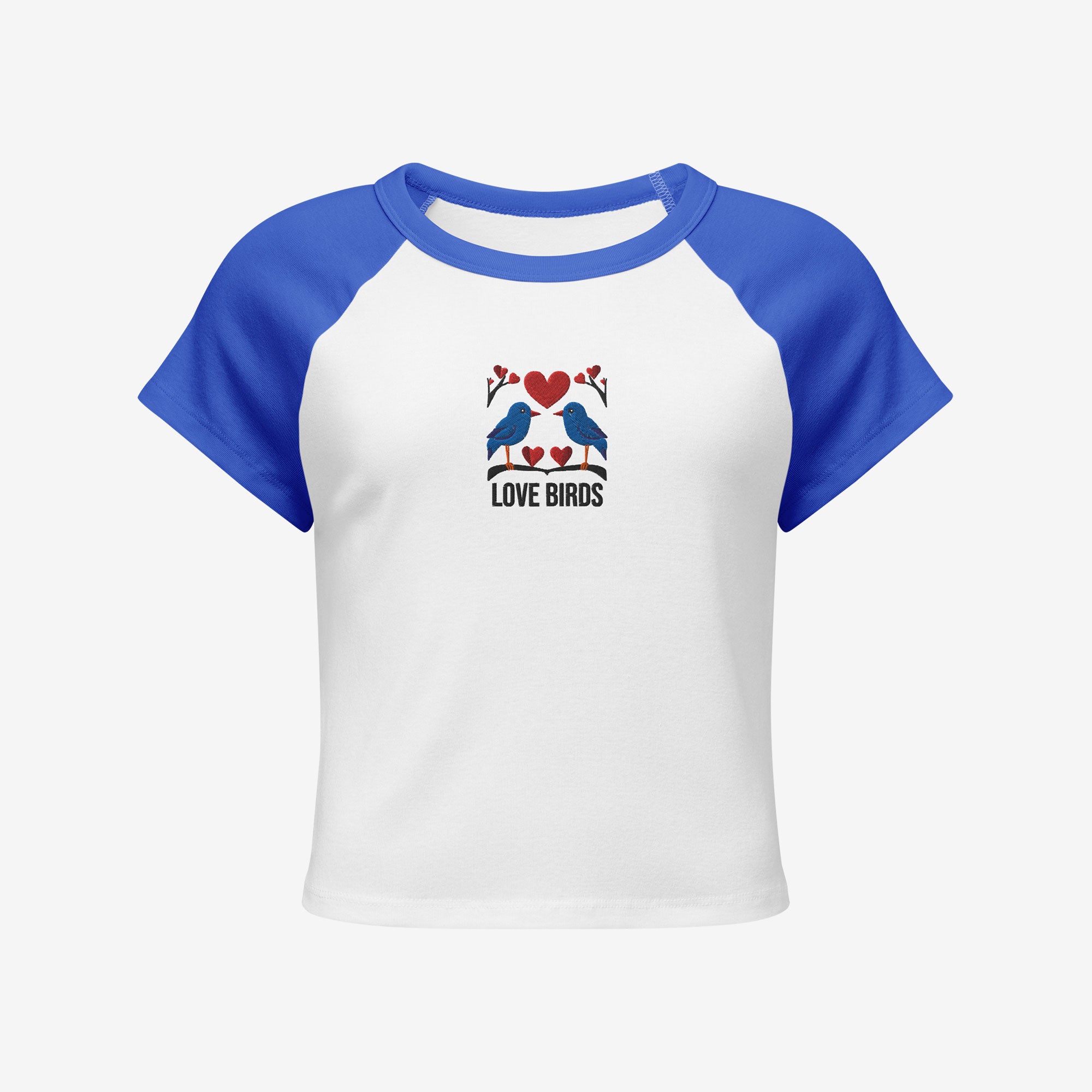 White t-shirt with blue sleeves featuring an embroidery design of love birds and hearts on a white background.