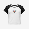 White t-shirt with black sleeves featuring an embroidery design of lover birds on a heart shaped tree on a white background.