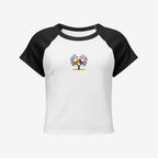 White t-shirt with black sleeves featuring an embroidery design of lover birds on a heart shaped tree on a white background.