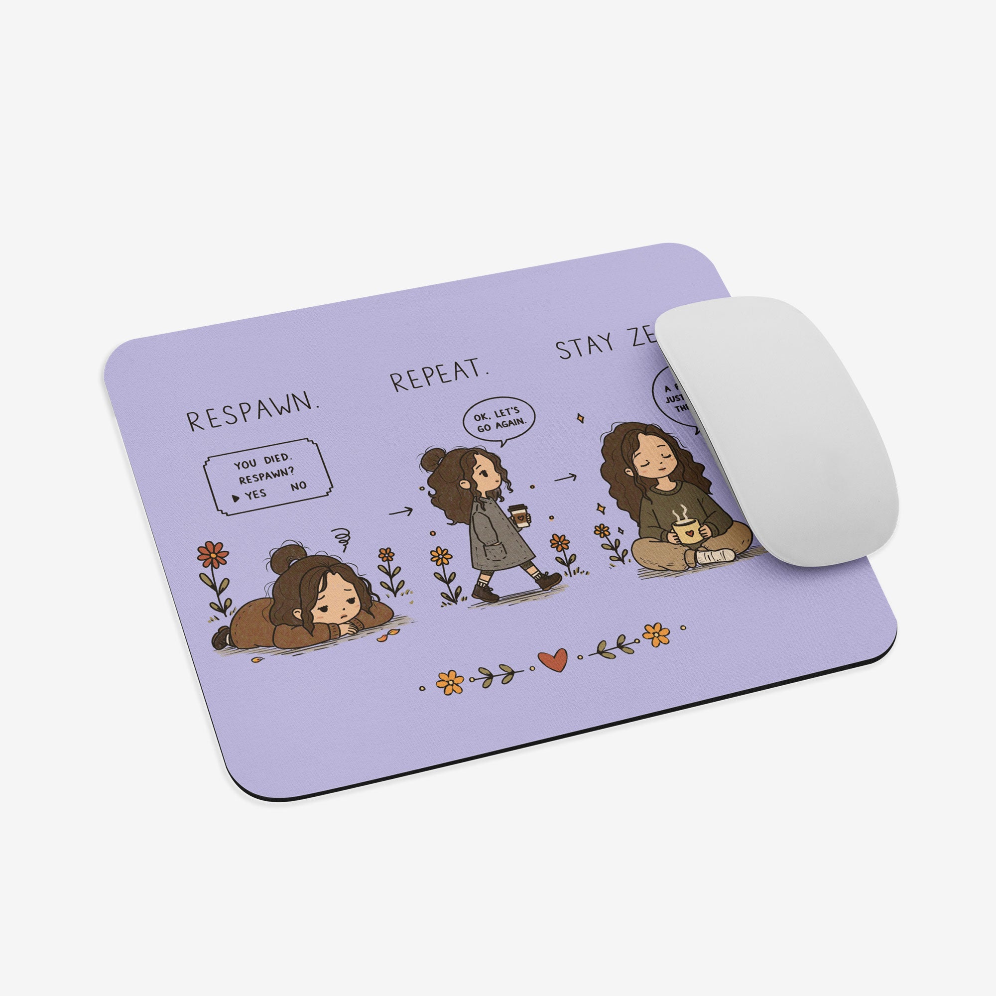 A lavender mouse pad with a cute cartoon illustration of a girl in three states labeled 'RESPAWN', 'REPEAT', and 'STAY ZE', shown with a white computer mouse on a light gray background.