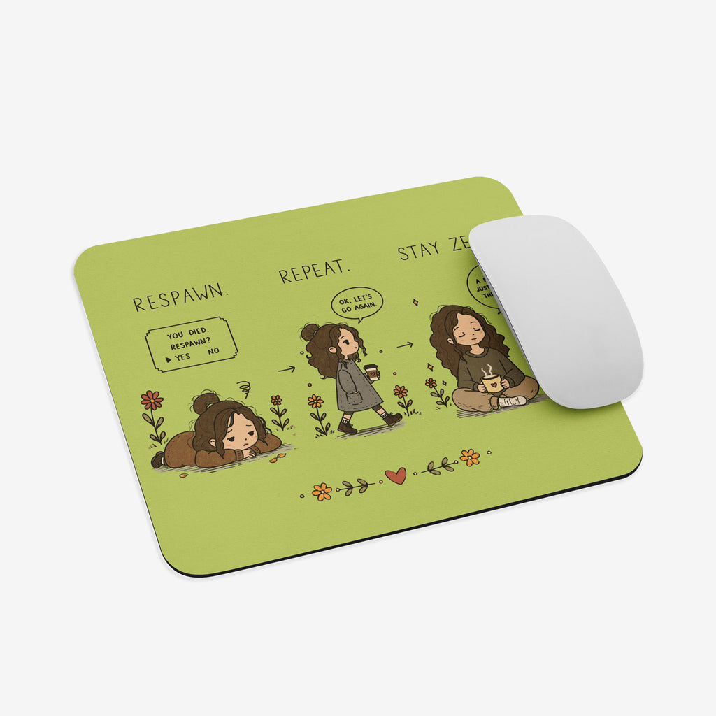 A light green mousepad with a cartoon illustration of a girl in three states labeled 'RESPAWN. REPEAT.STAY ZEN.'