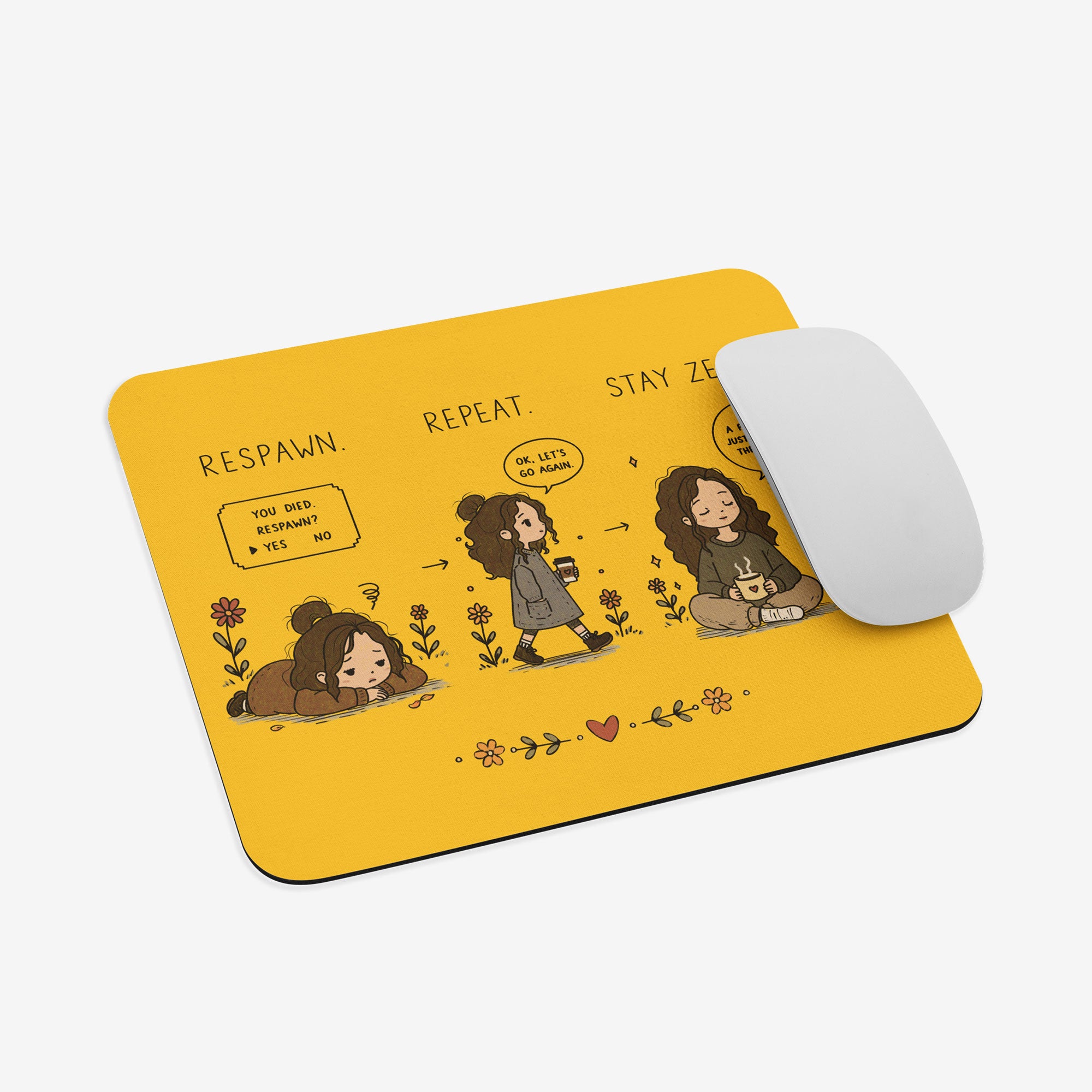 A yellow rectangular mouse pad with a cartoon illustration and text, shown on a light gray background with a white computer mouse resting on it.