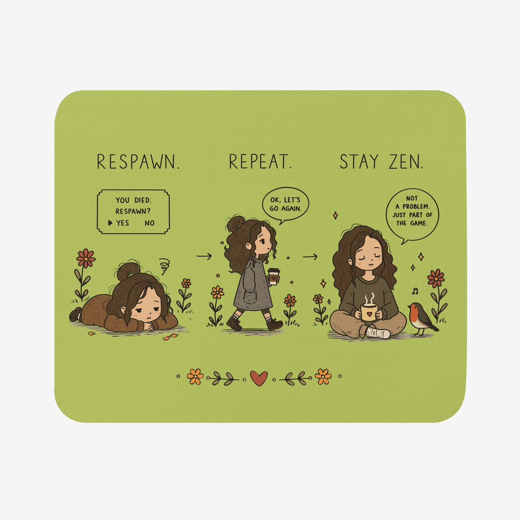 A rectangular mousepad with rounded corners featuring a light olive green background and a three-panel cartoon comic strip. The strip shows a girl in three states: lying on the ground, walking, and sitting with a cup of tea, with the text 'RESPAWN.REPEAT. STAY ZEN.'