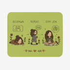 A rectangular mousepad with rounded corners featuring a light olive green background and a three-panel cartoon comic strip. The strip shows a girl in three states: lying on the ground, walking, and sitting with a cup of tea, with the text 'RESPAWN.REPEAT. STAY ZEN.'