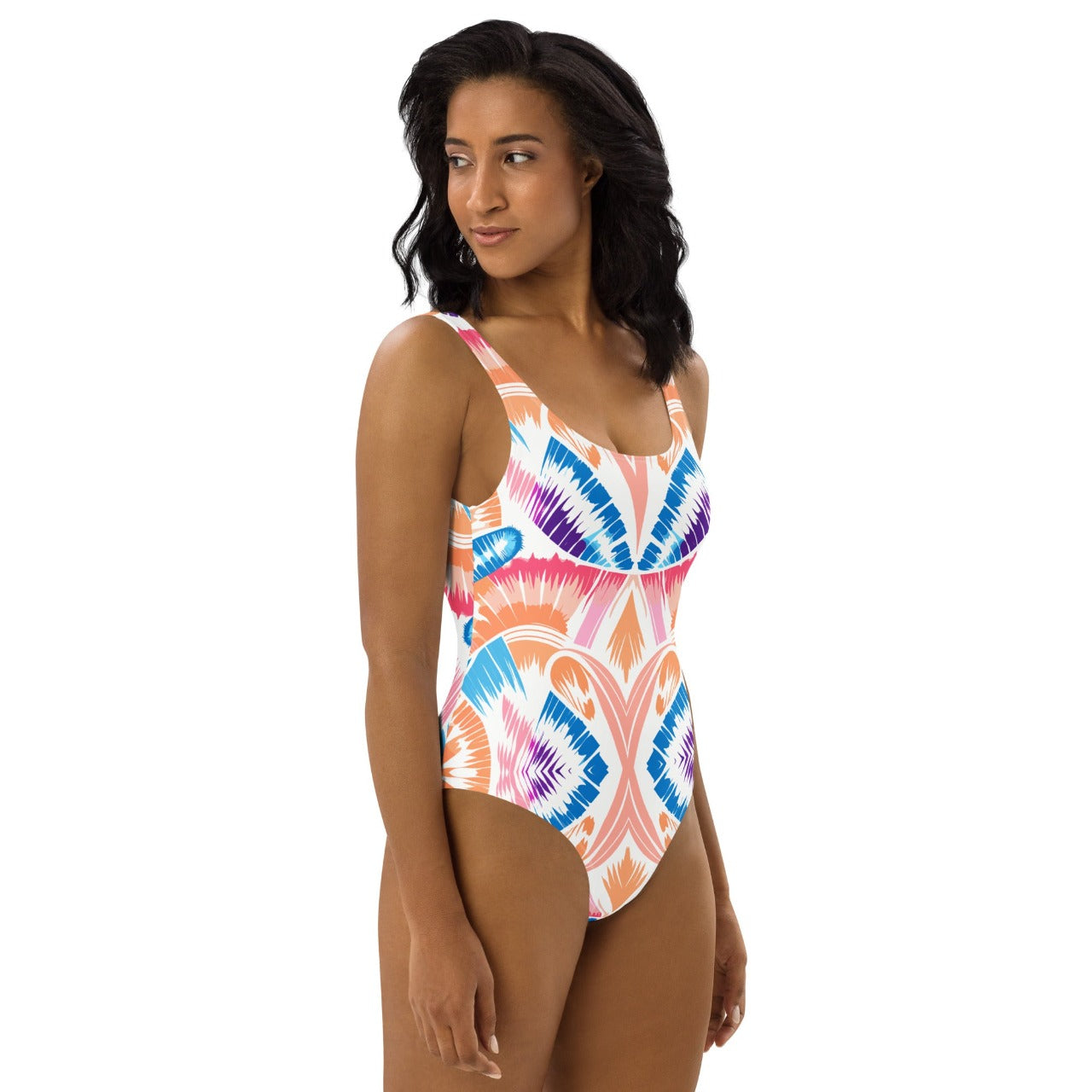 Model wearing the 'Peachy Shells Seaside Embrace' one-piece swimsuit, front side right  view showcasing the design's sun-catching hues.