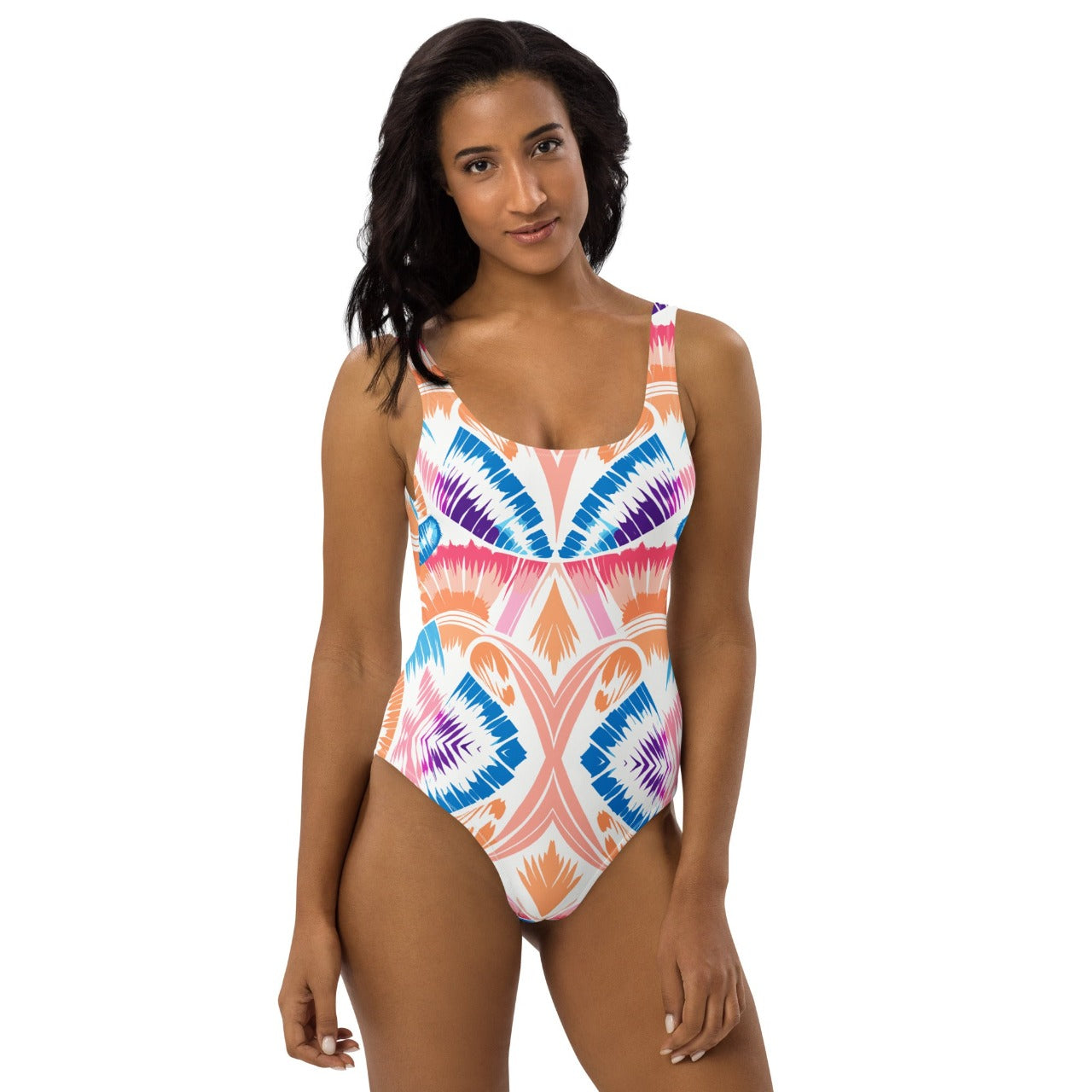 Model wearing the 'Peachy Shells Seaside Embrace' one-piece swimsuit, front view showcasing the design's sun-catching hues