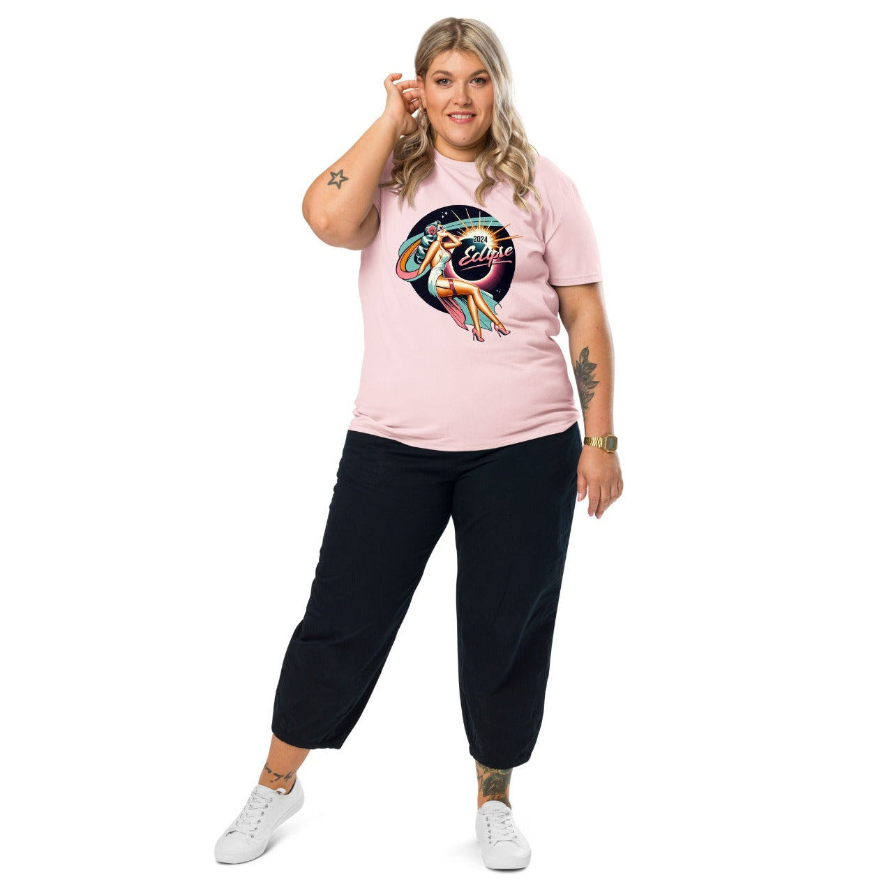 Model wearing ErdeGora's Solar Eclipse 2024 Pink Eco-Friendly Organic Cotton T-Shirt with Retro Lady Design With Eclipse Glasses