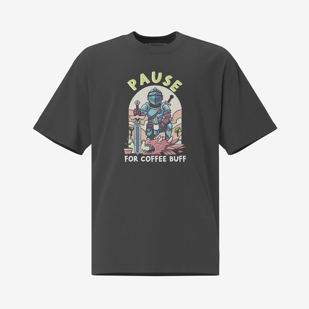 T-shirt with a graphic design of a knight holding a sword in one hand and a coffee mug in the other and the text 'PAUSE for coffee buff' on a white background.