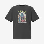 T-shirt with a graphic design of a knight holding a sword in one hand and a coffee mug in the other and the text 'PAUSE for coffee buff' on a white background.