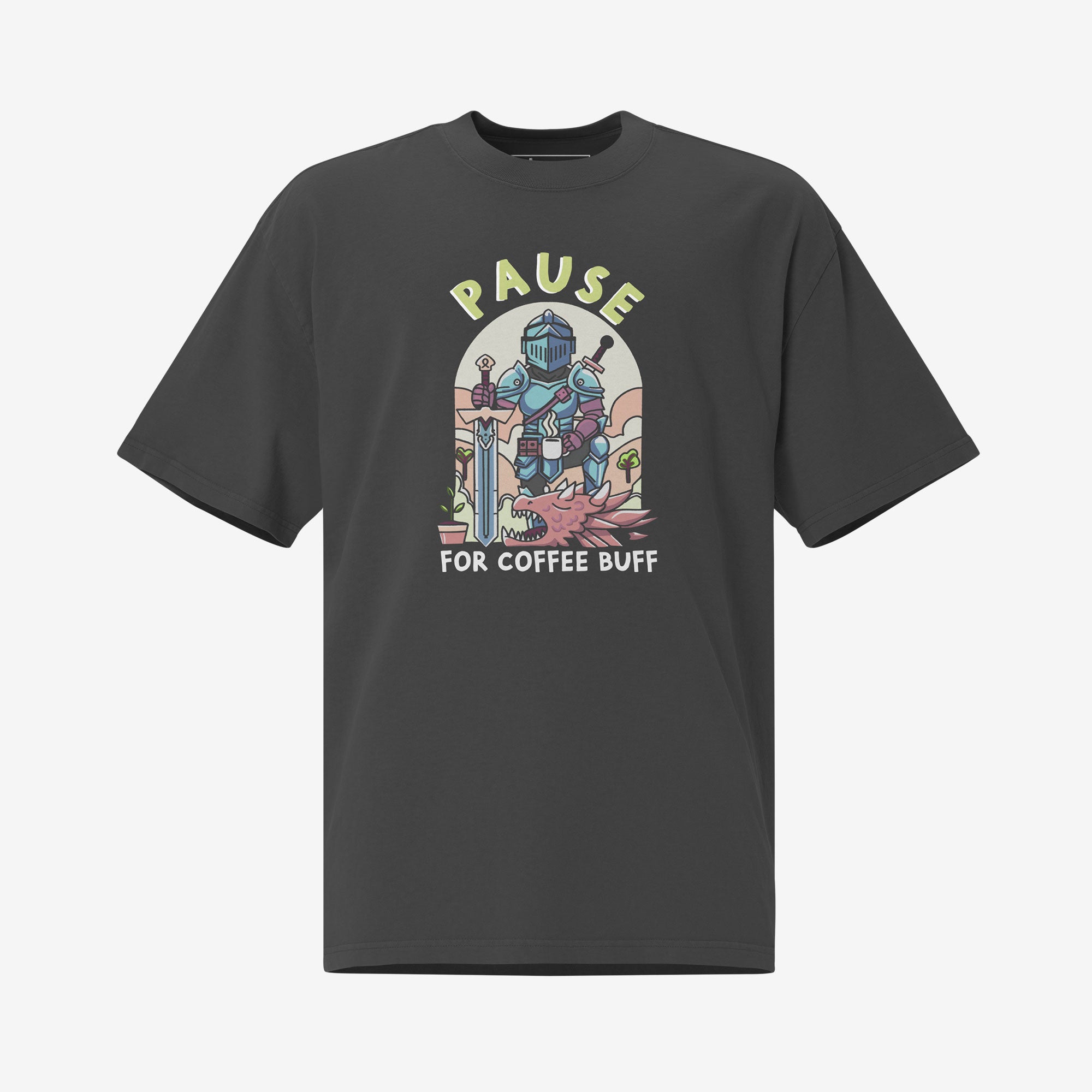 T-shirt with a graphic design of a knight holding a sword in one hand and a coffee mug in the other and the text 'PAUSE for coffee buff' on a white background.