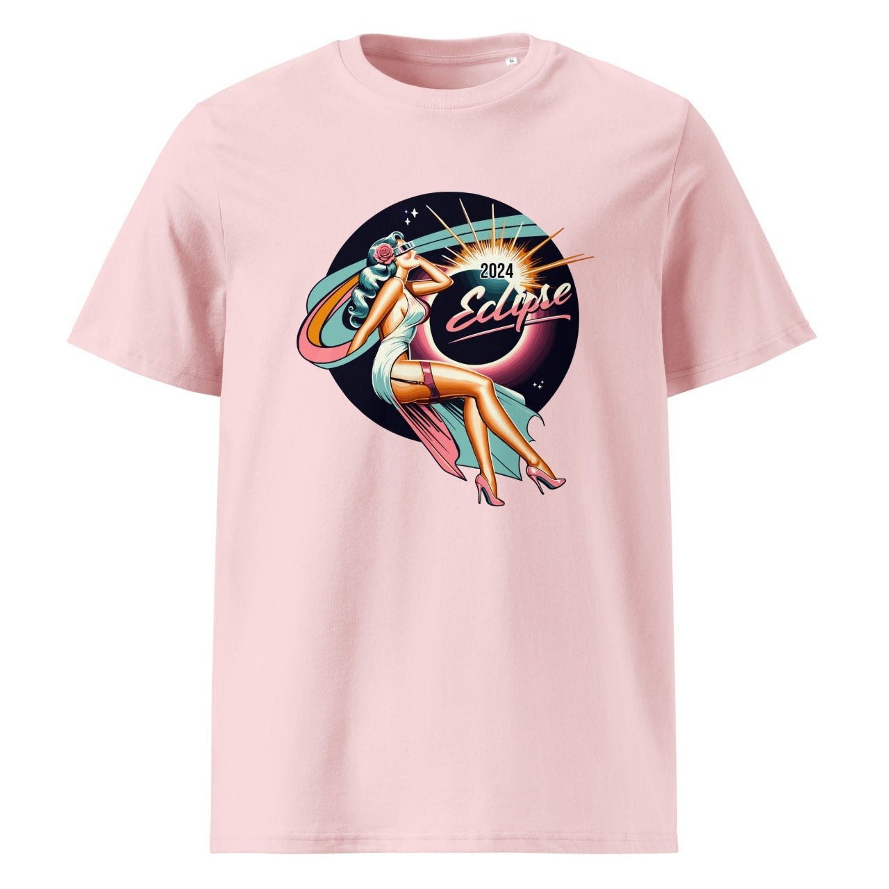 ErdeGora Pink Organic Cotton T-Shirt with Solar Eclipse 2024 Design - Flat Front View