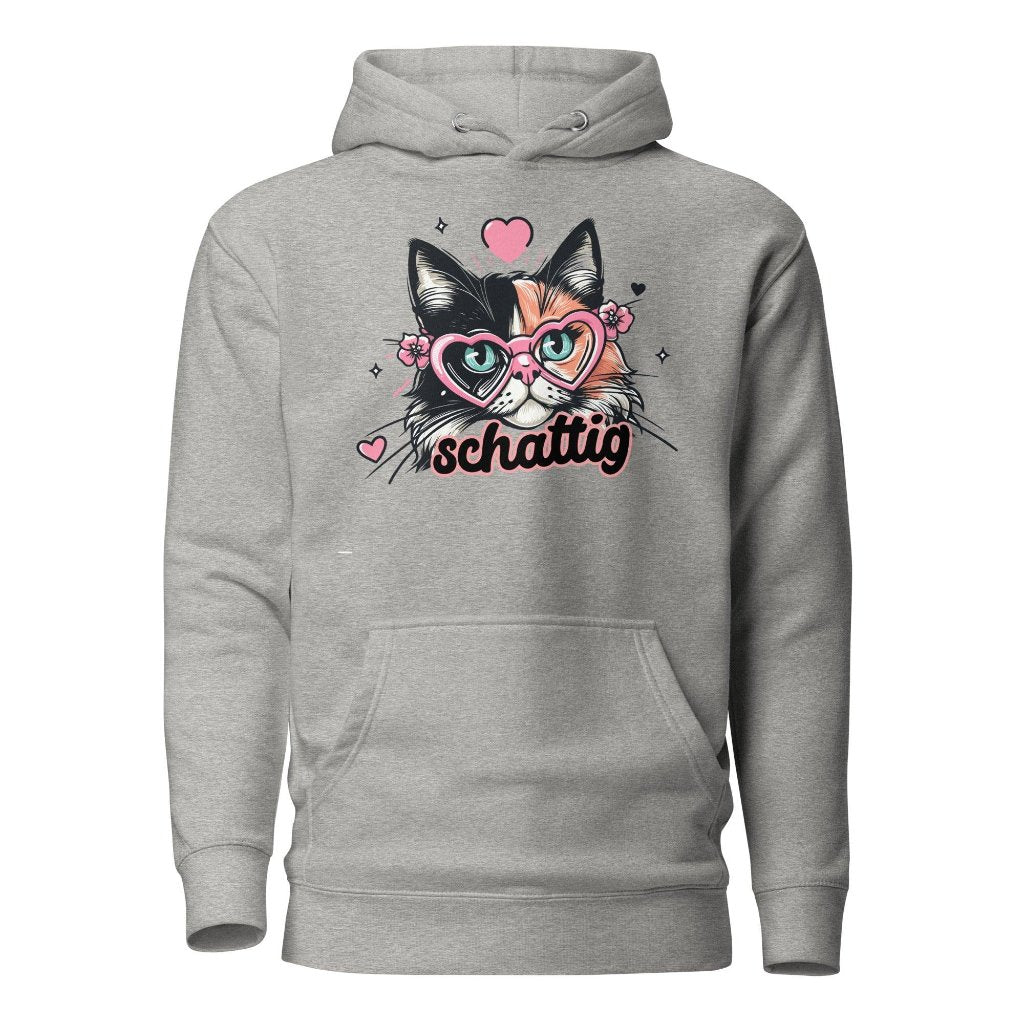 Front mockup of the Erdegora premium grey hoodie featuring the "Schattig" cat design with heart-shaped glasses and floral accents.