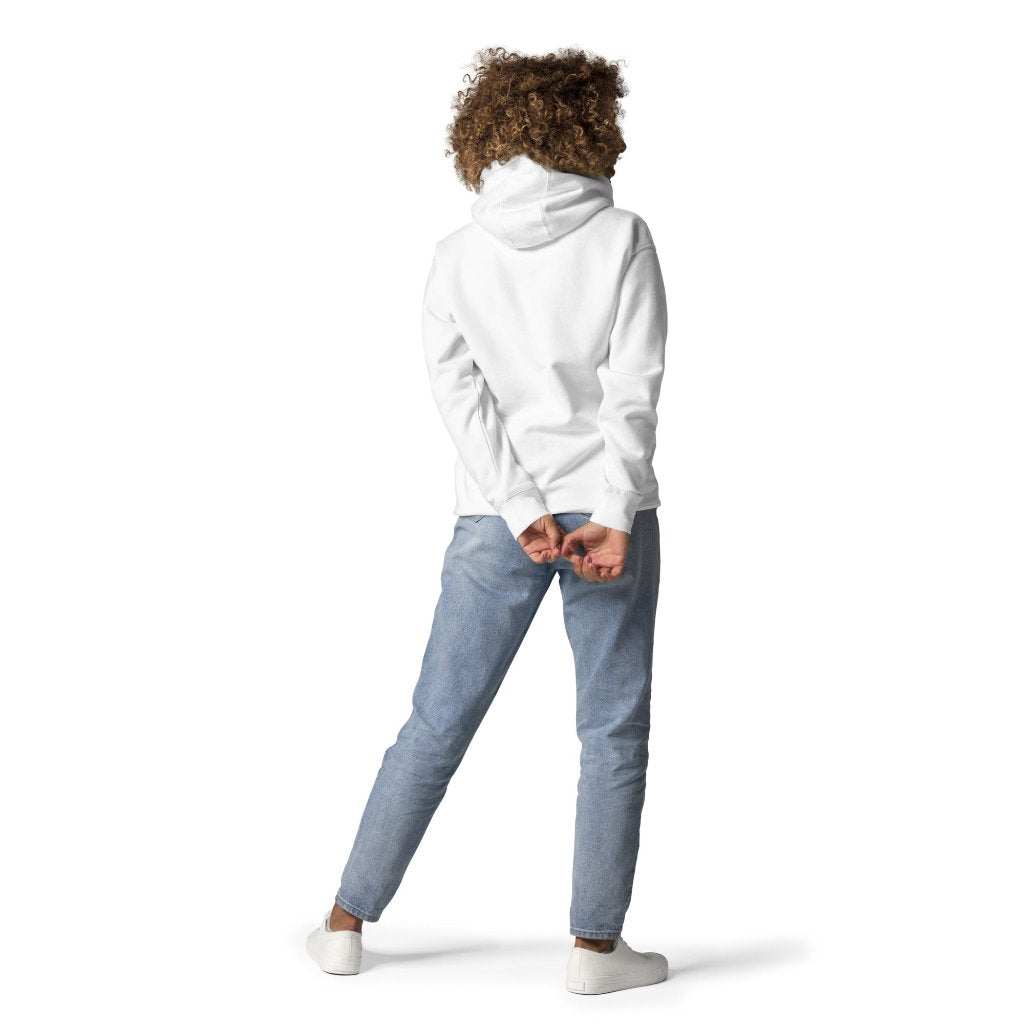 Model wearing a white Erdegora premium hoodie, showcasing the back view with no design on the back.