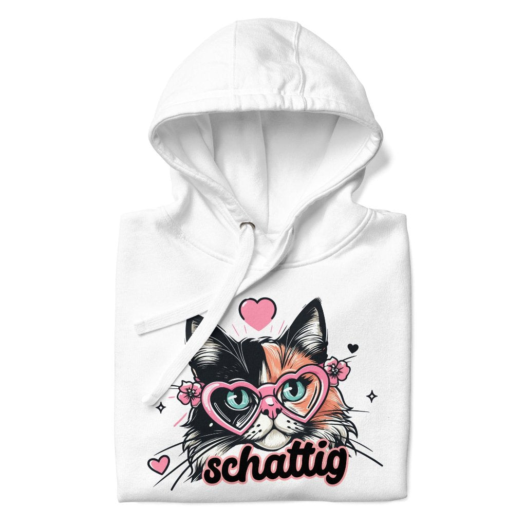 Folded white Erdegora premium hoodie showcasing the "Schattig" cat design with heart-shaped glasses and floral accents.