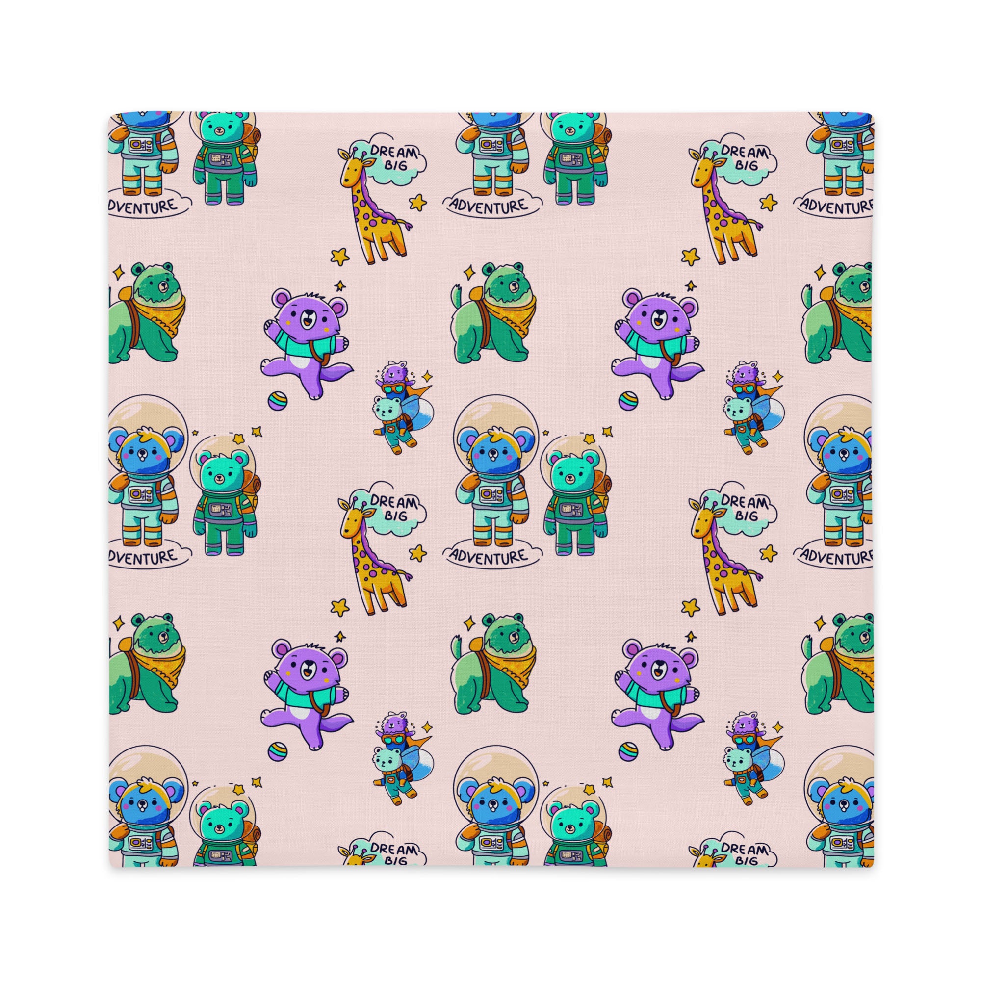 Seamless pale-pink background covered with cartoon bears in space suits, playful purple and green bears tossing a ball, friendly giraffes, little stars, and the hand-lettered words ‘ADVENTURE’ and ‘DREAM BIG’.