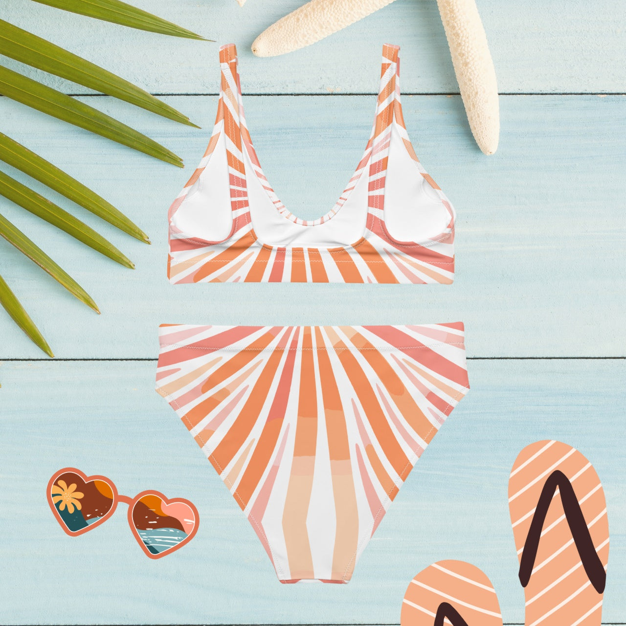 The back view of the Peachy Tiger Shark Recycled High-Waisted Bikini, highlighting the sustainable double-layered design and striped pattern, perfect for poolside or beach flair.