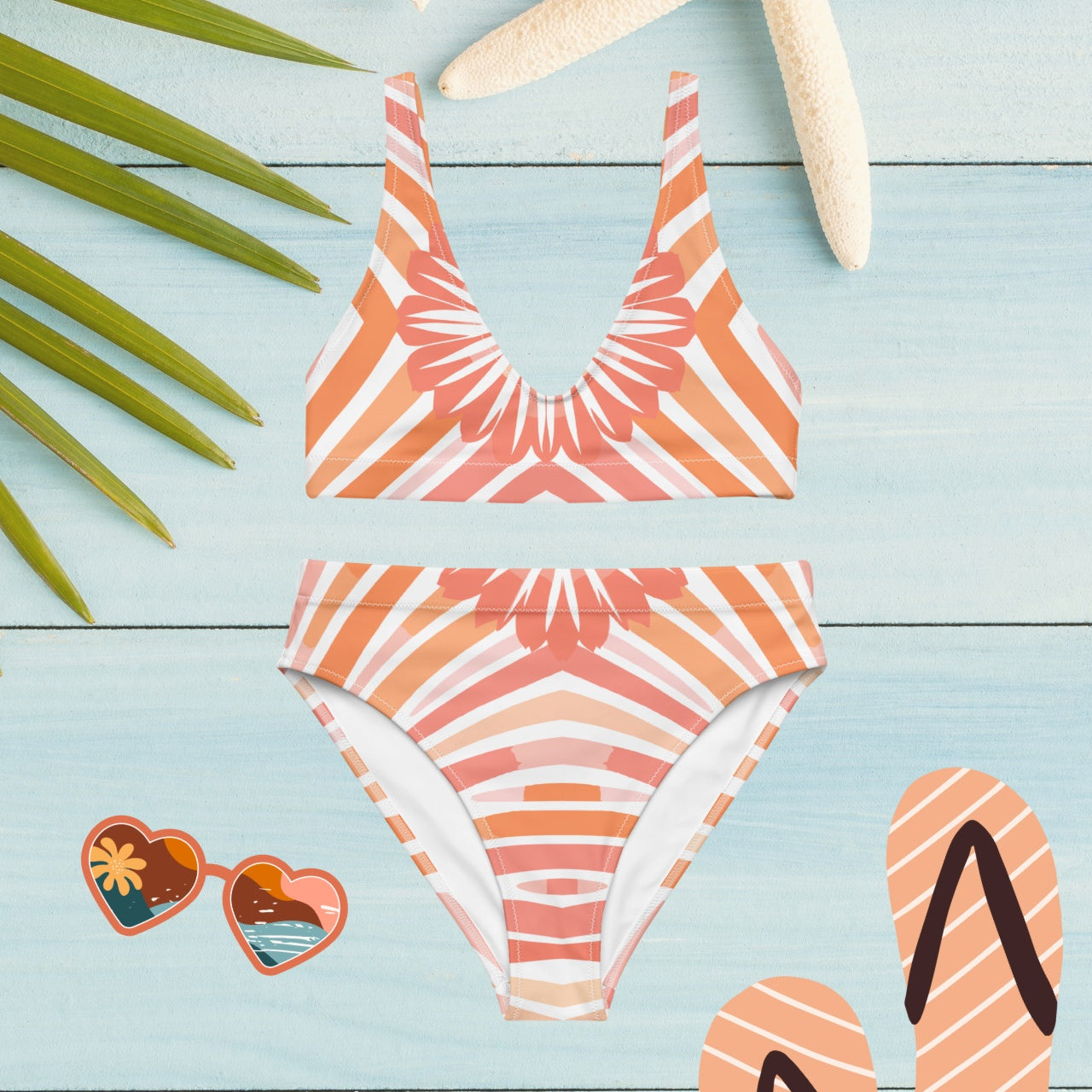 Front view of Recycled High-Waisted Bikini in Peachy Tiger Shark design, flat lay showing the captivating swirl stripes for a confident, eco-conscious beach look.