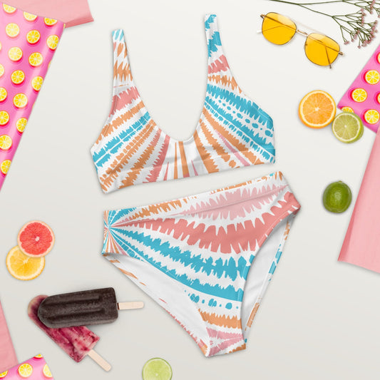 Recycled High-Waisted Bikini front view in Peachy Twister design, flat lay with playful swirls reminiscent of summer treats, offering sustainable style and comfort.