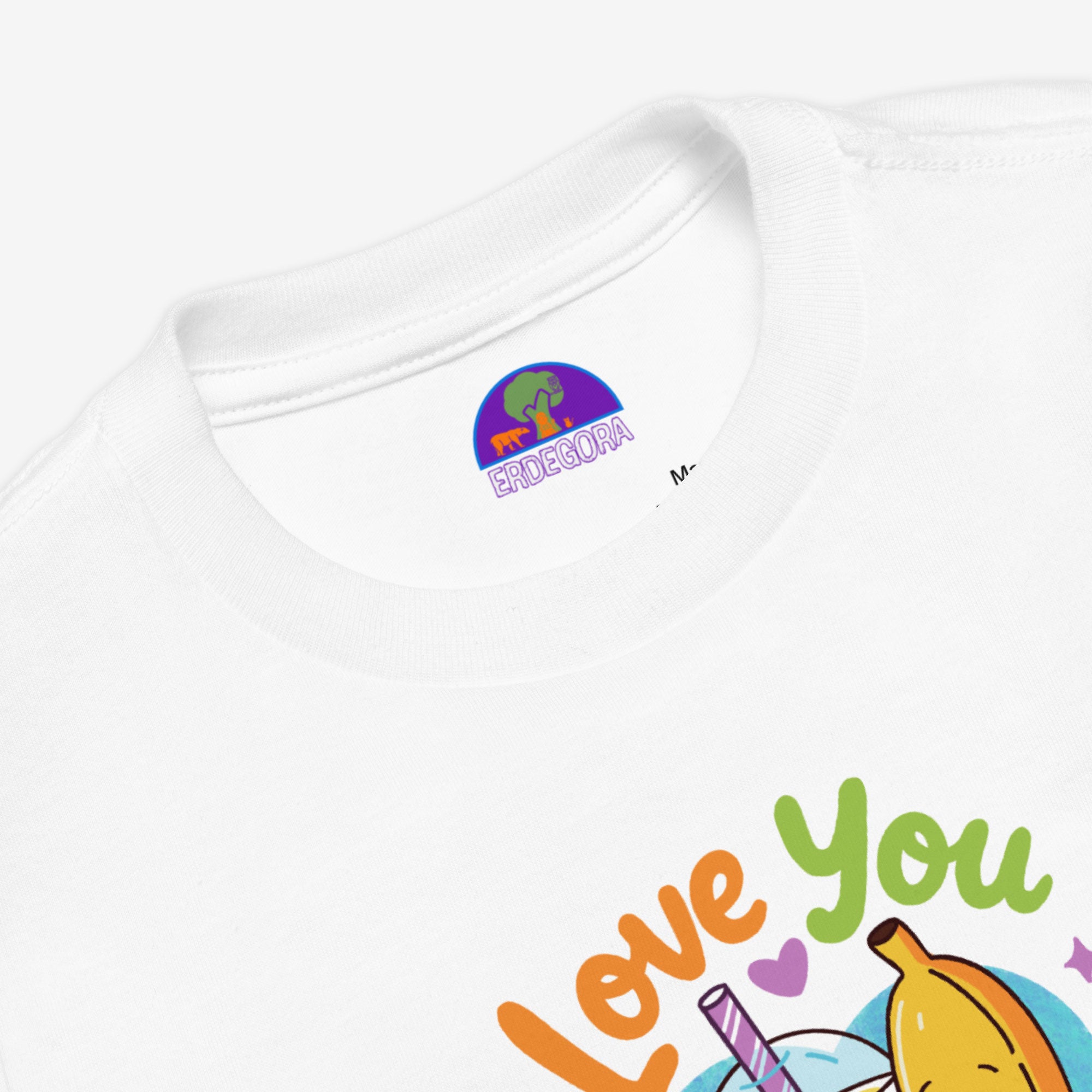 White t-shirt with colorful text and graphics on a white background