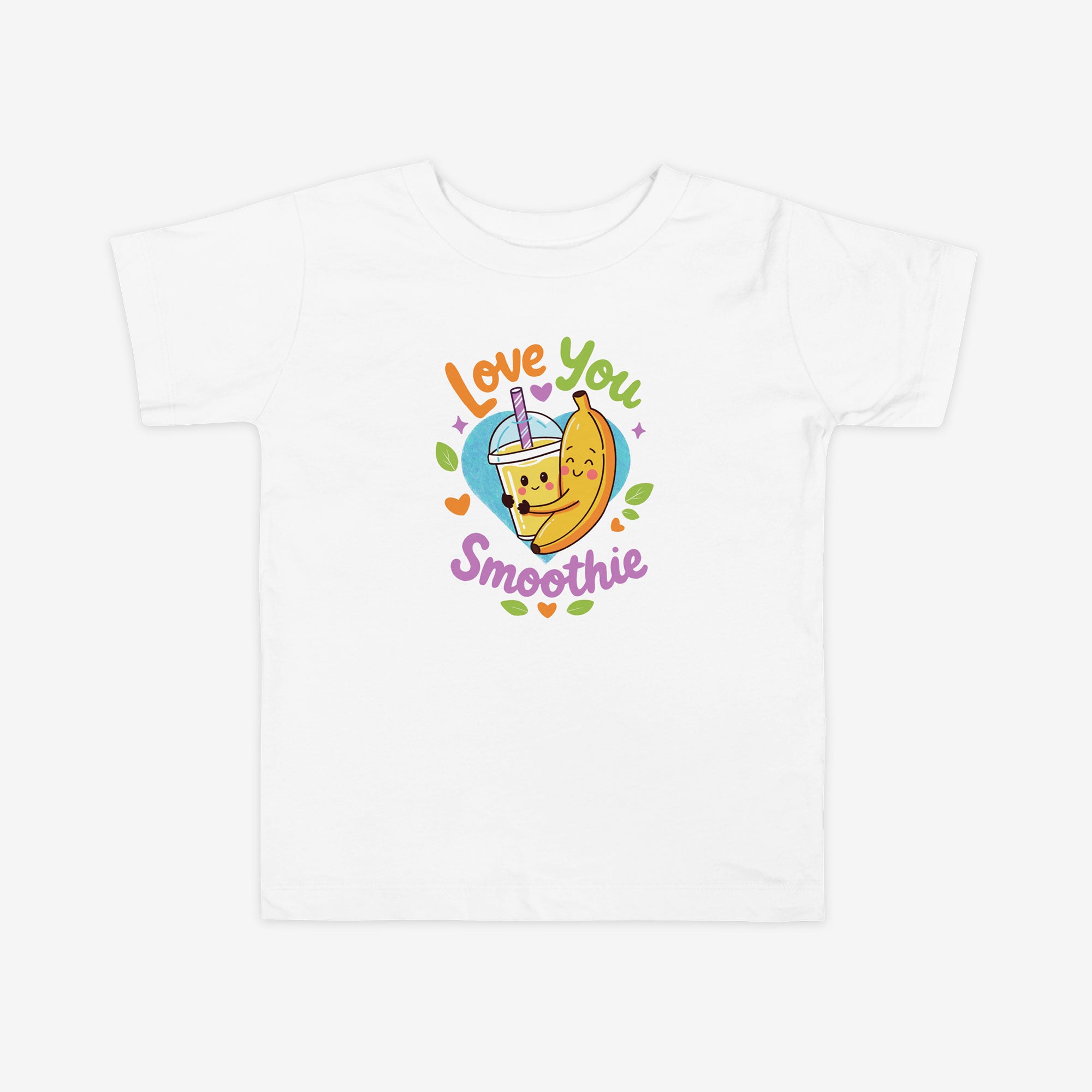 White t-shirt with a colorful 'Love You Smoothie' design featuring a banana and smoothie cup on a white background.