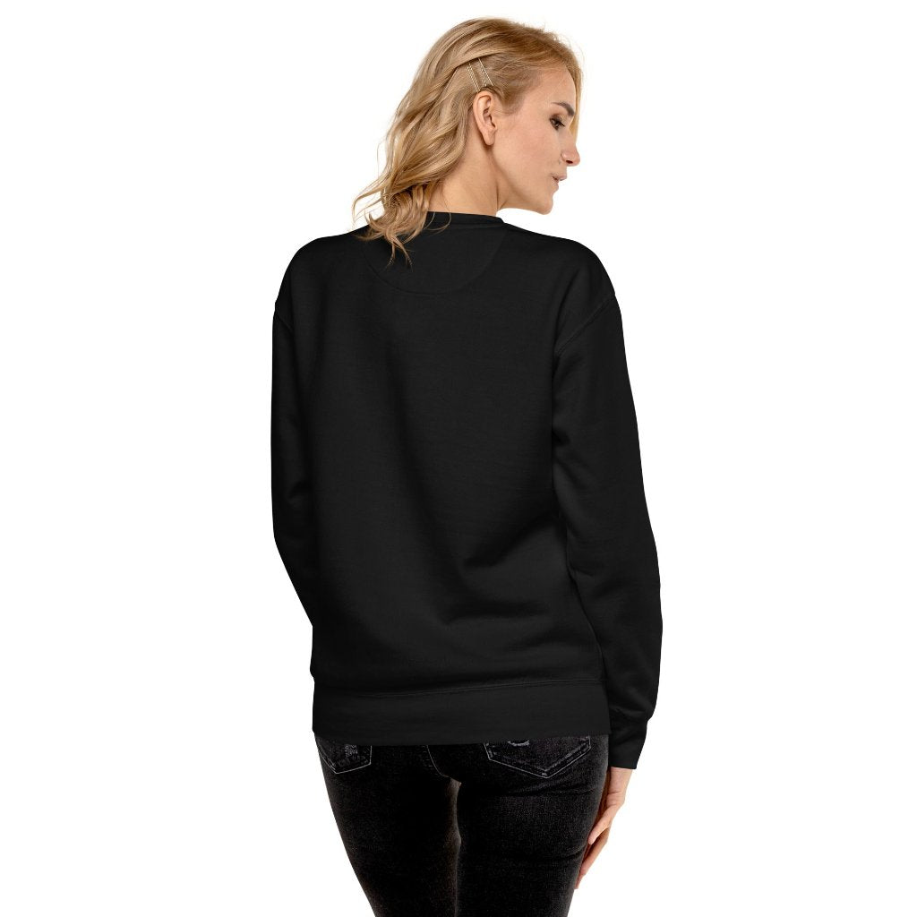 Model wearing a black Erdegora unisex premium sweatshirt, showcasing the back view with no design.