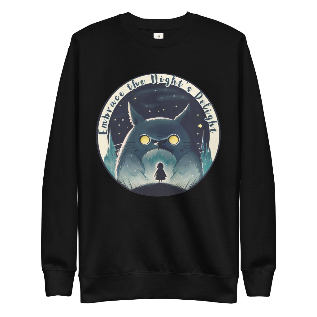 Front flat view of the Erdegora black unisex sweatshirt featuring the "Embrace the Night's Delight" design.