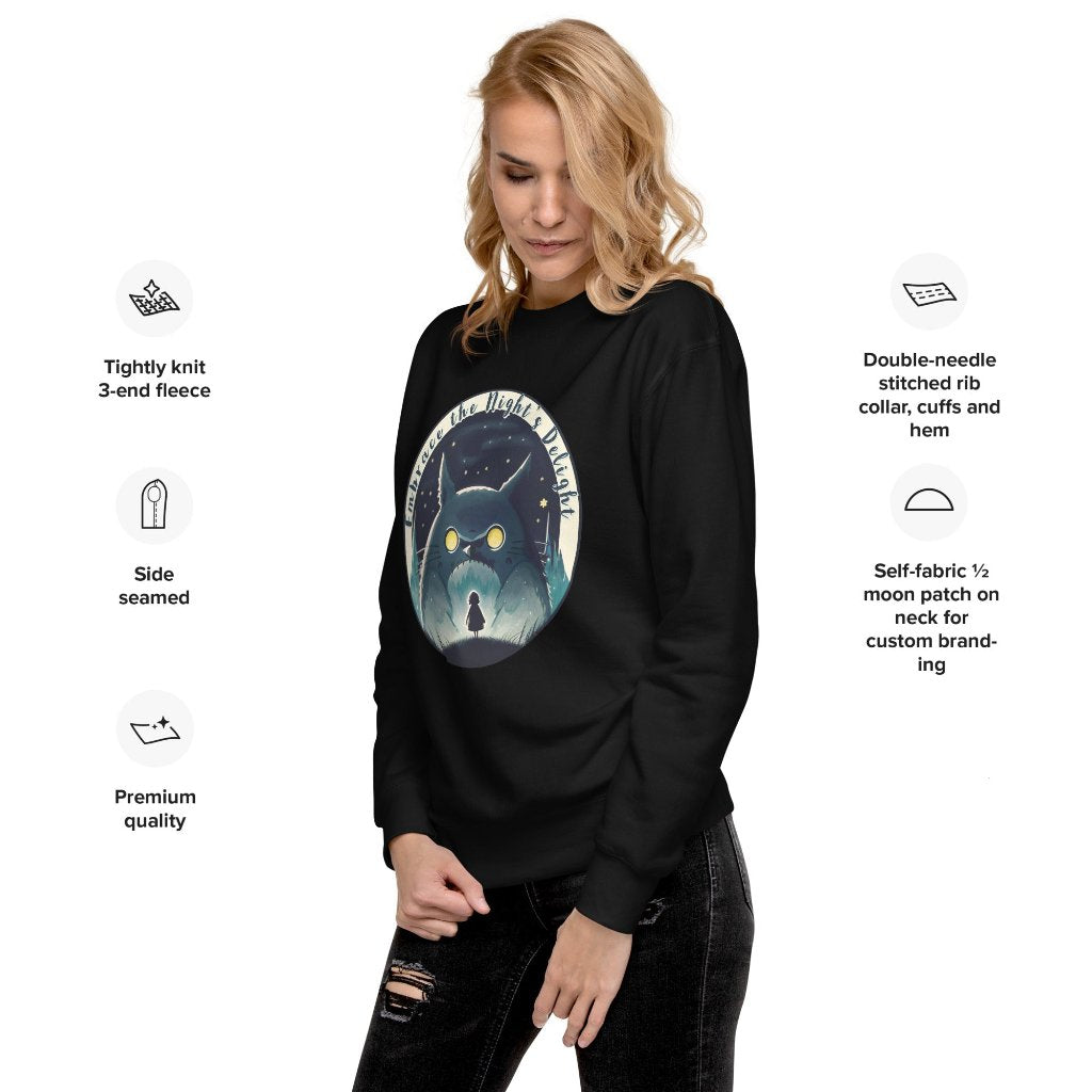 Model wearing a black Erdegora unisex premium sweatshirt, showcasing the left side view with "Embrace the Night's Delight" design, and material characteristics displayed alongside.