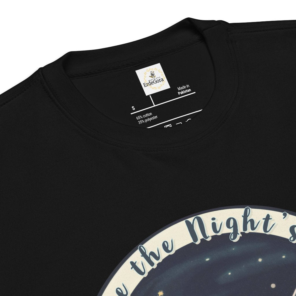 Close-up view of the neck label and stitching on the Erdegora unisex premium sweatshirt featuring the "Embrace the Night's Delight" design.