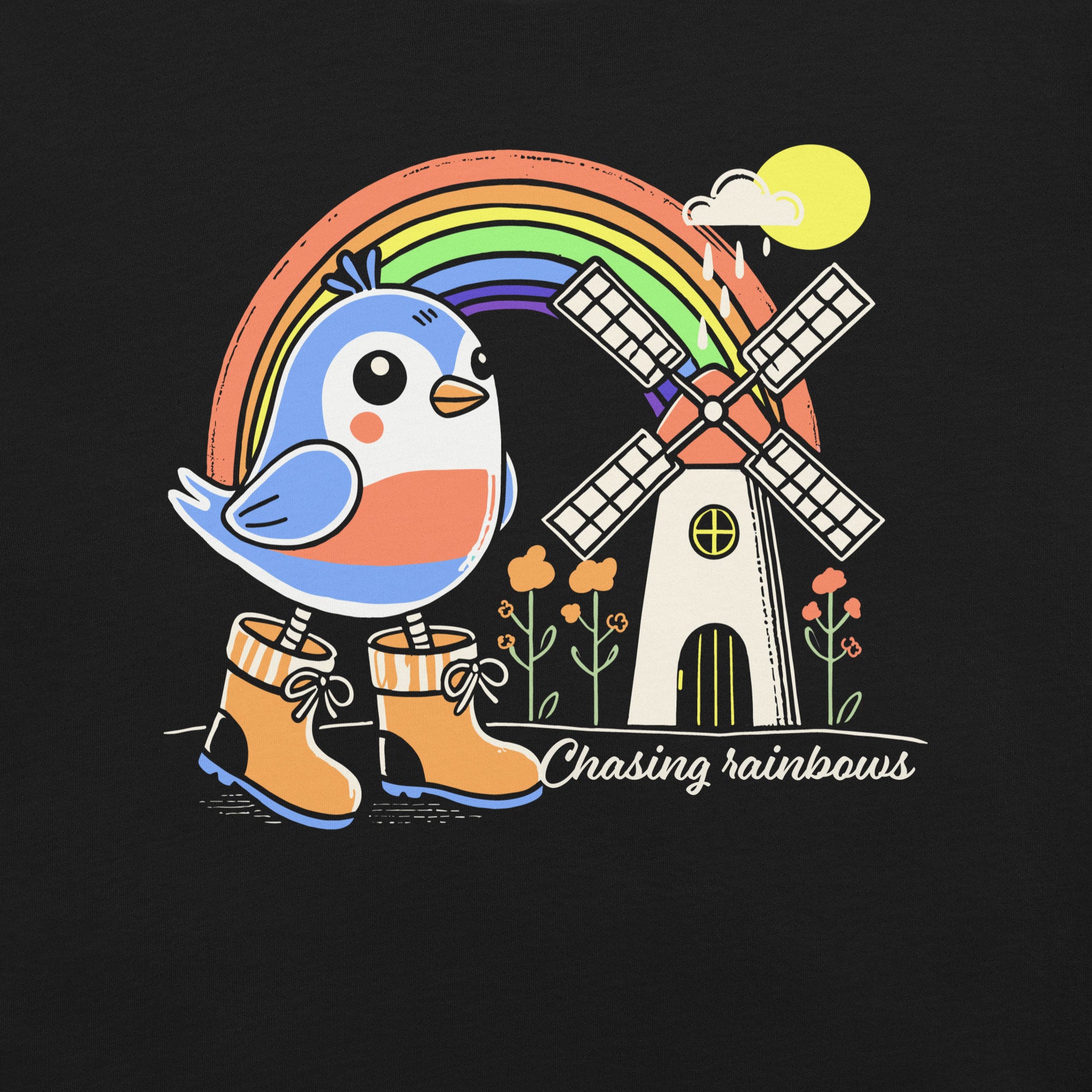 Cartoon bird with rainbow and windmill on a black background with 'Chasing rainbows' text.