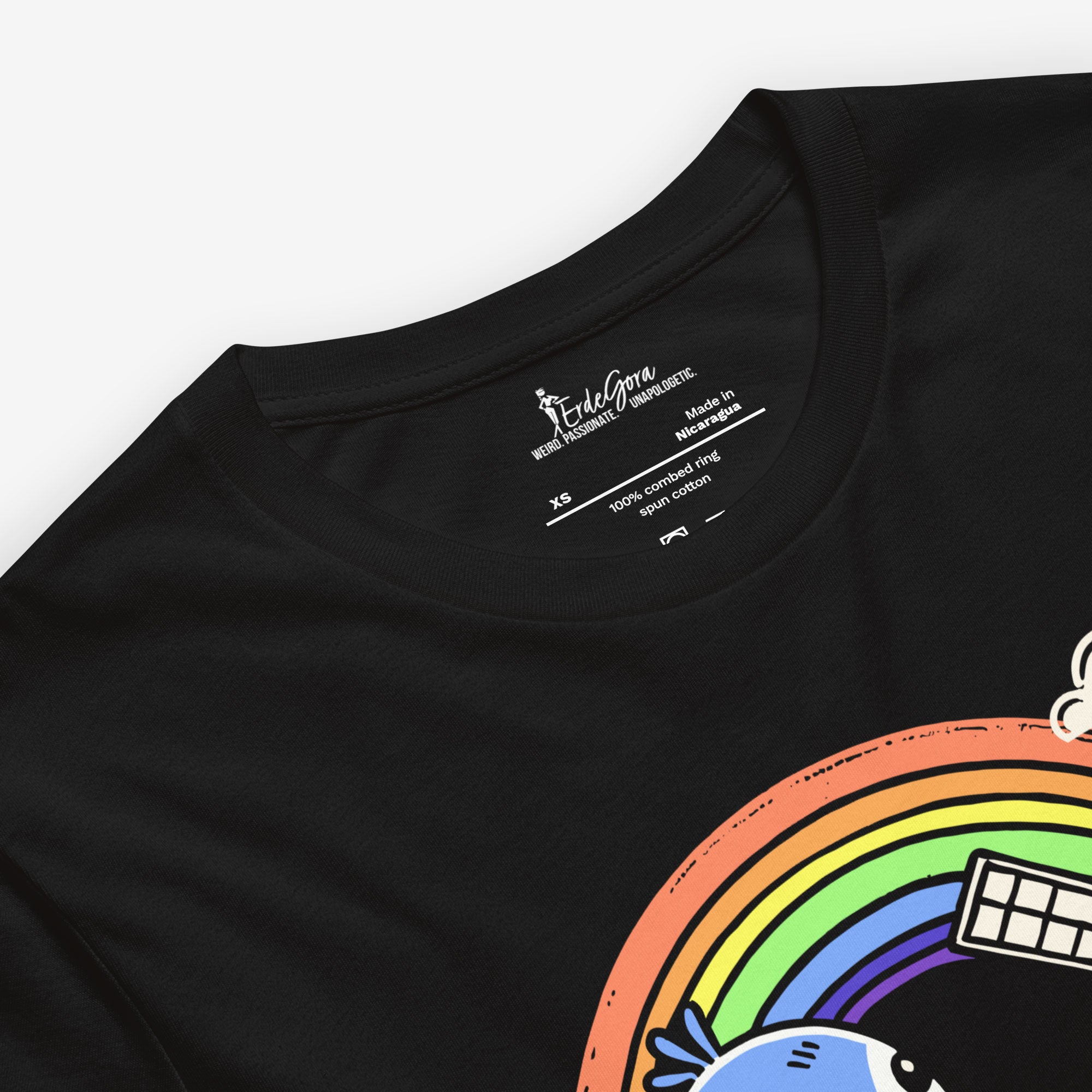 Black t-shirt with a colorful rainbow design and brand label on a white background