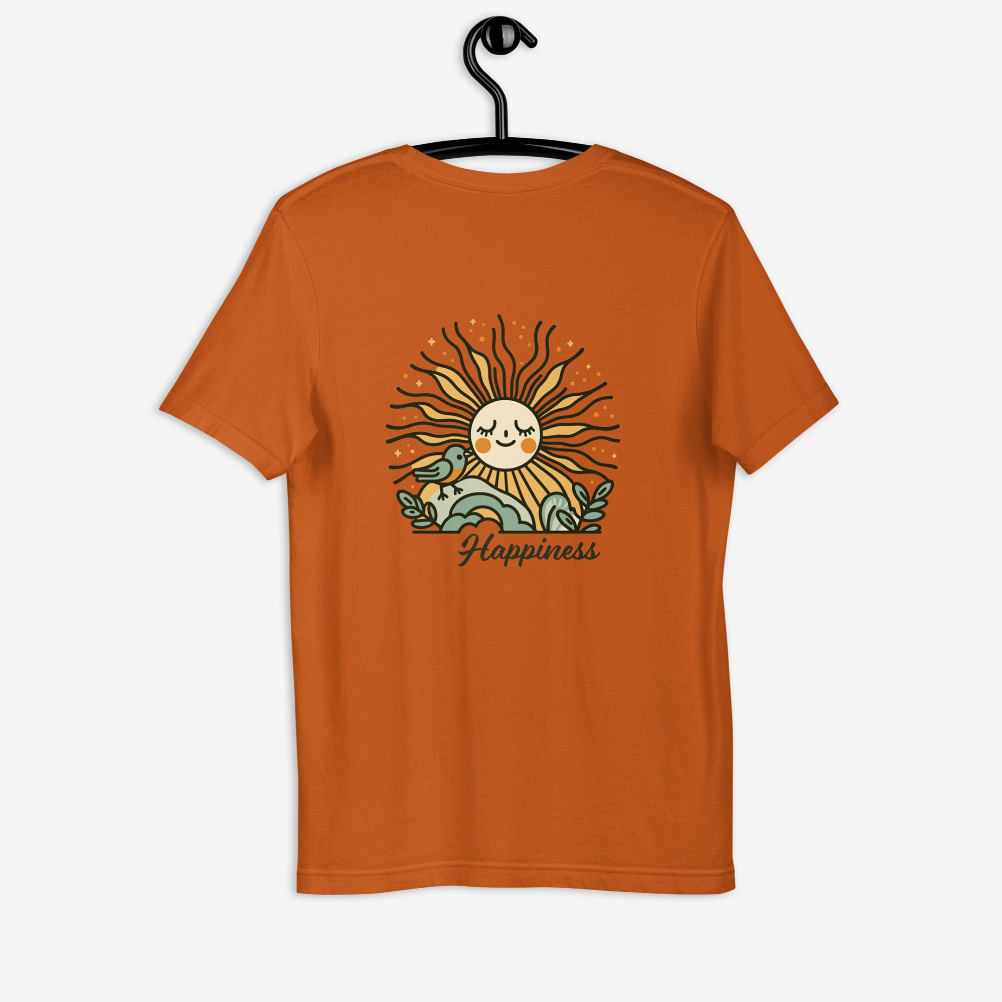 Orange t-shirt with a sun and moon graphic and 'Happiness' text on a hanger against a white background