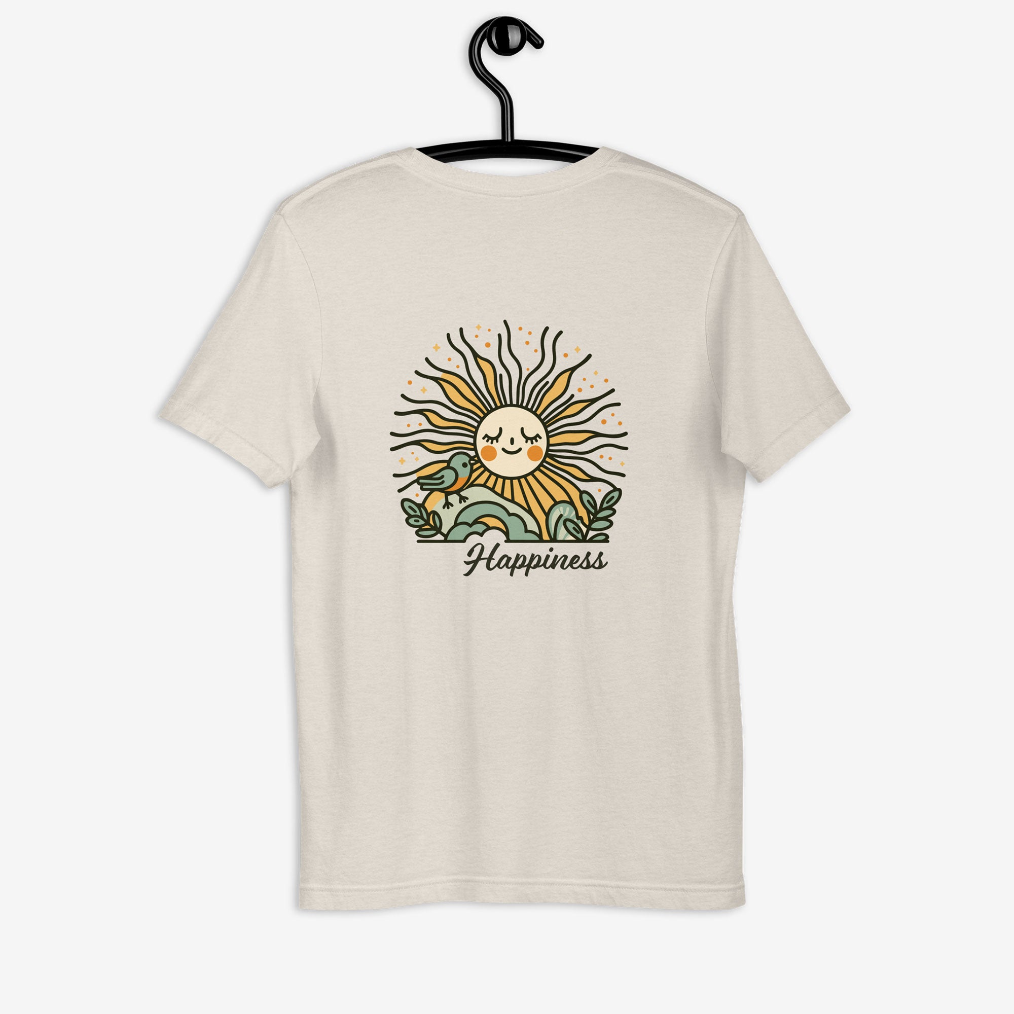 Beige t-shirt with a sun and moon graphic and 'Happiness' text on a hanger against a white background