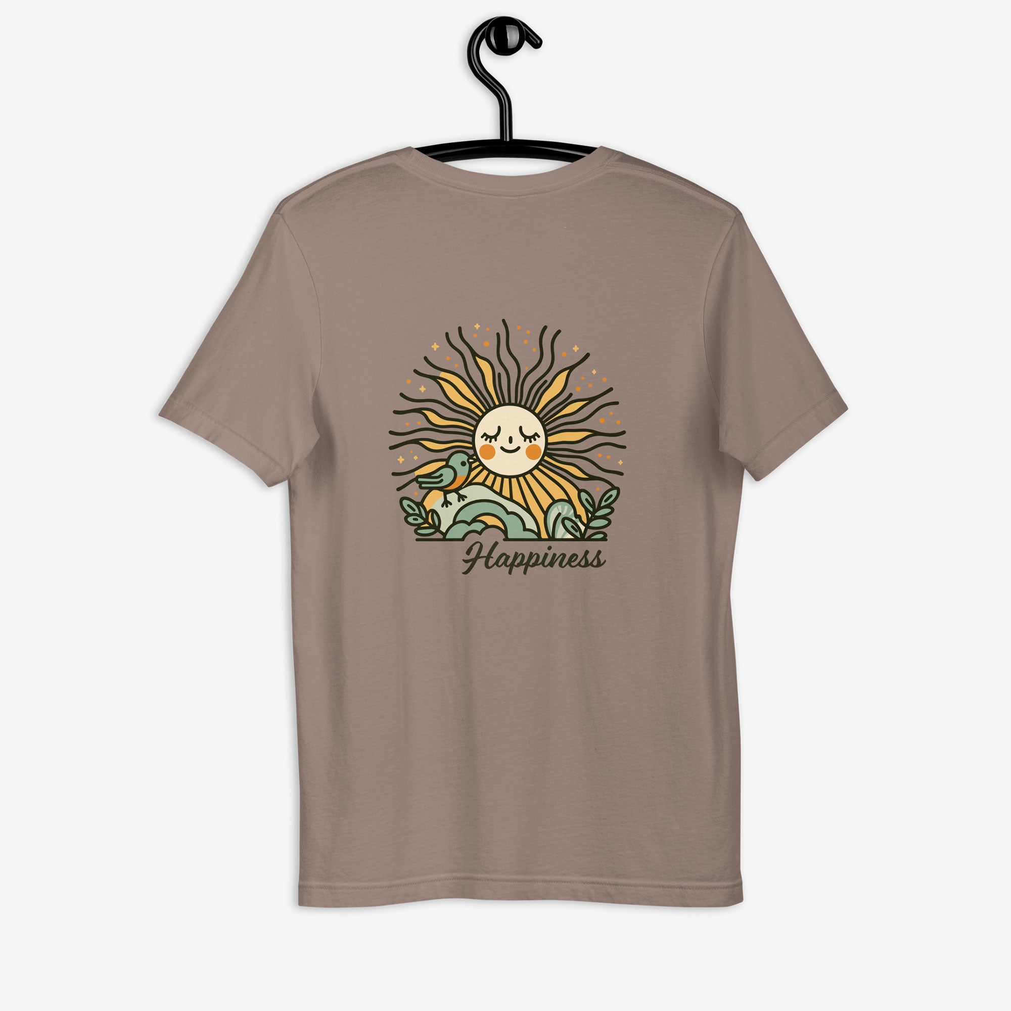 Brown t-shirt with a sun and moon graphic and 'Happiness' text on a hanger against a white background