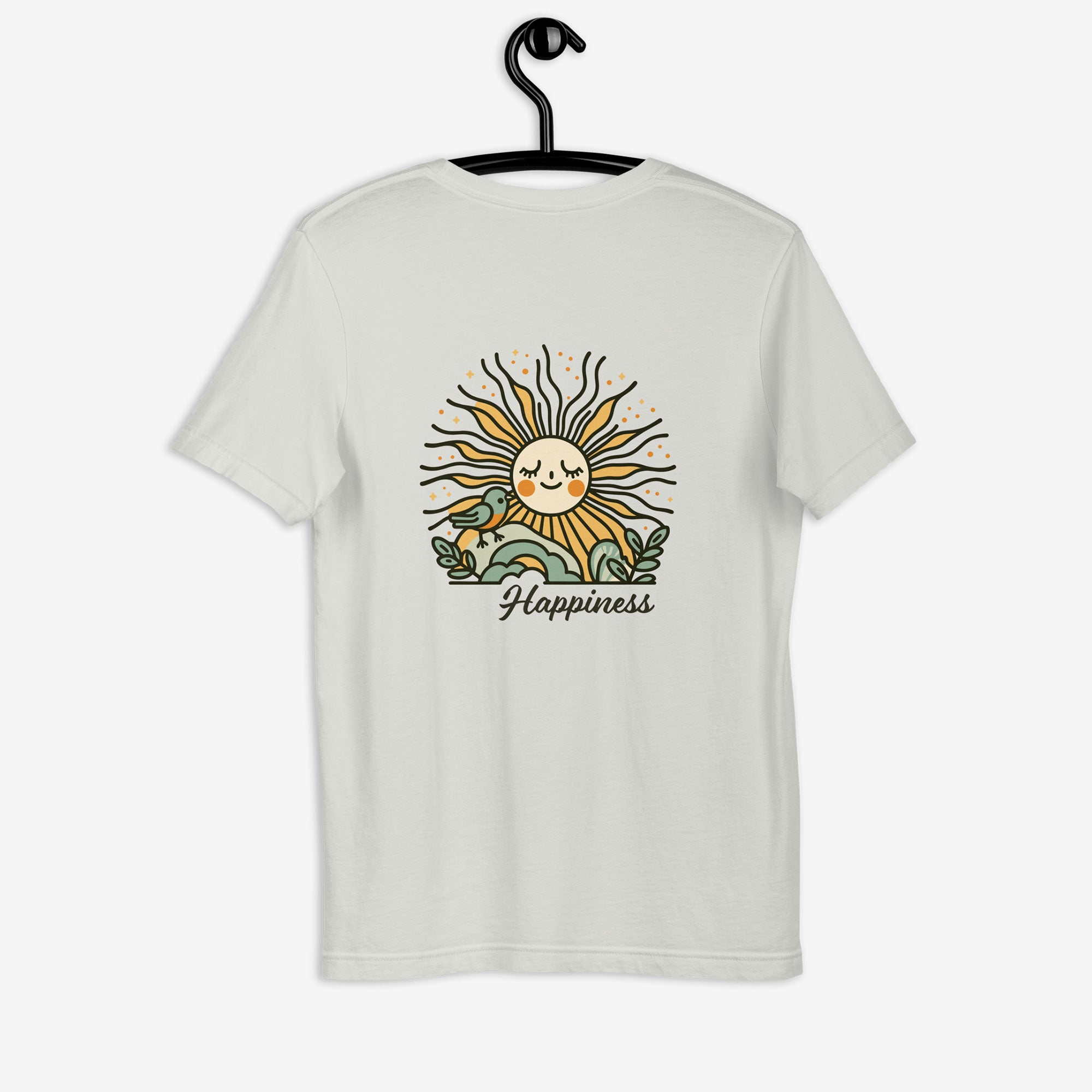 Dirty white t-shirt with a sun and moon design and 'Happiness' text on a hanger against a white background